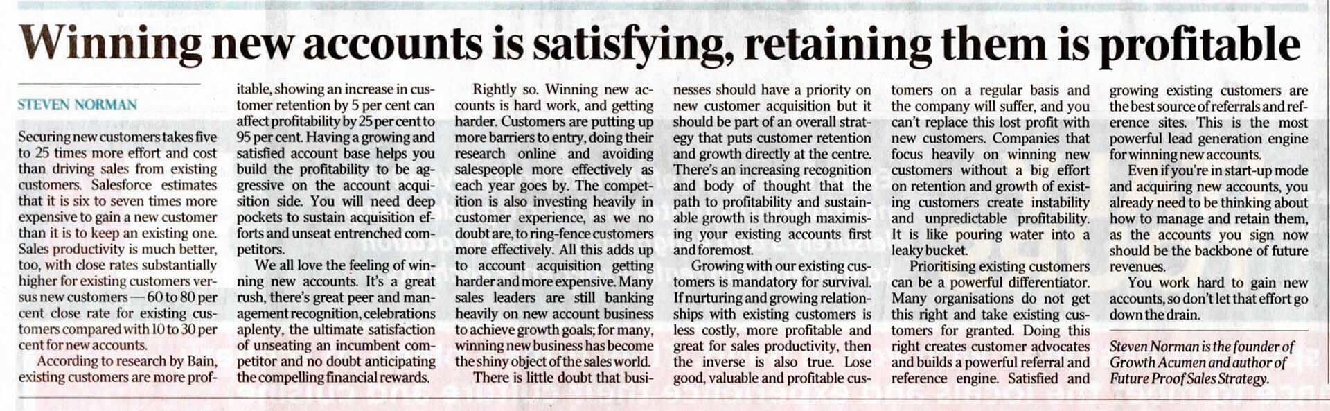 As Published in the Australian: Winning new accounts is satisfying, retaining them is profitable